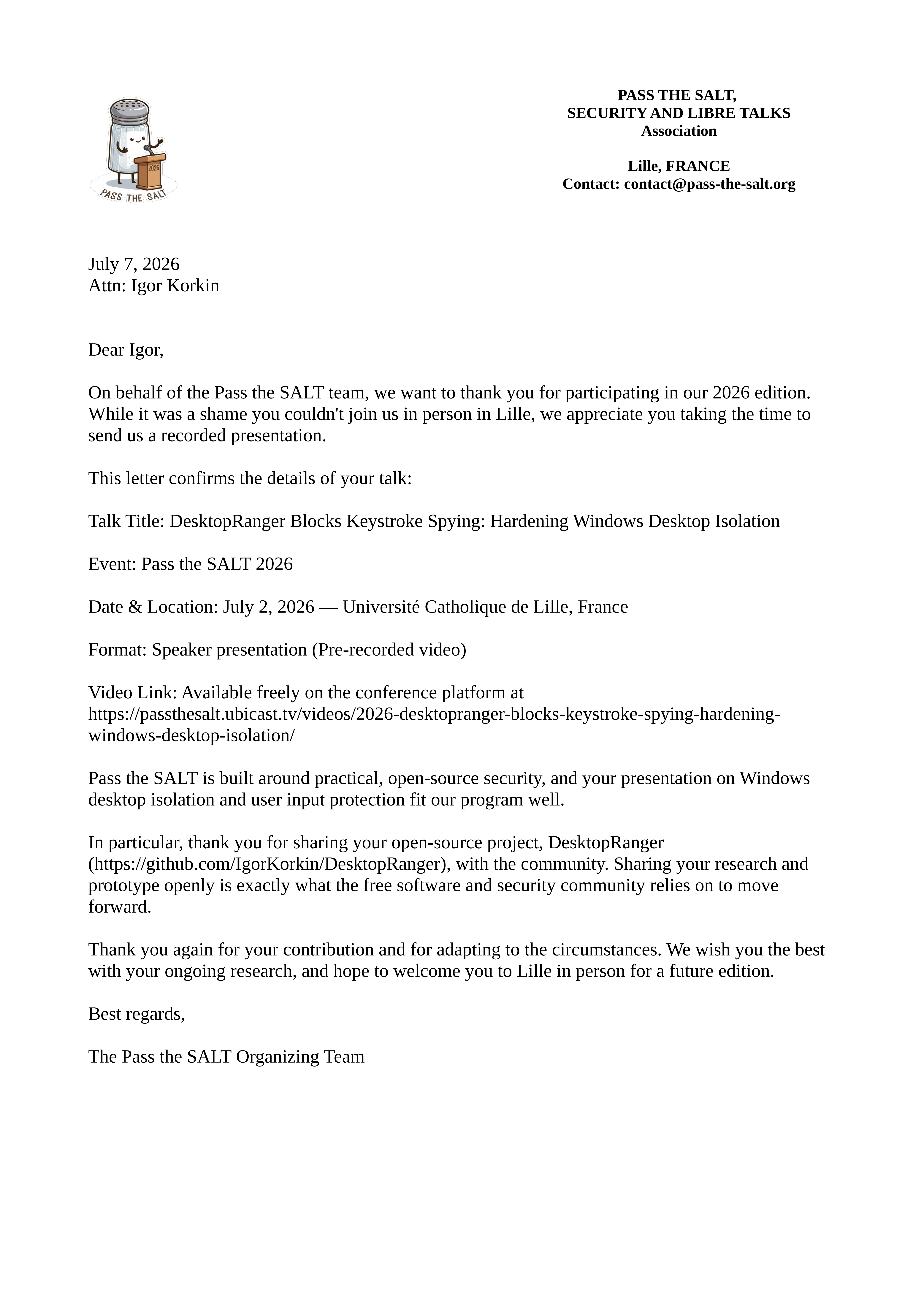 Official participation letter for Pass the SALT 2026